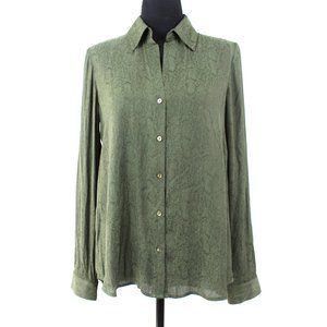 L'AGENCE Nina Dark Green Satin Long Sleeve Collared Snake Print Blouse NEW XS